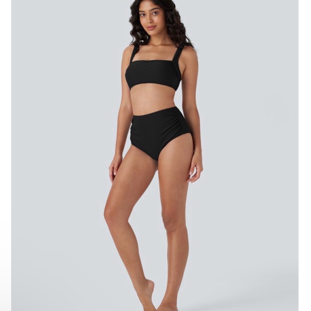 Black High-Waist Tummy Control Ruched Bikini Bottom Swimsuit